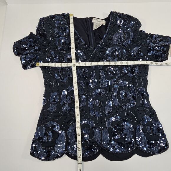 PAPELL Boutique Evening Navy Sequin Beaded Silk Scalloped Hem Blouse Top Size M - Picture 11 of 12